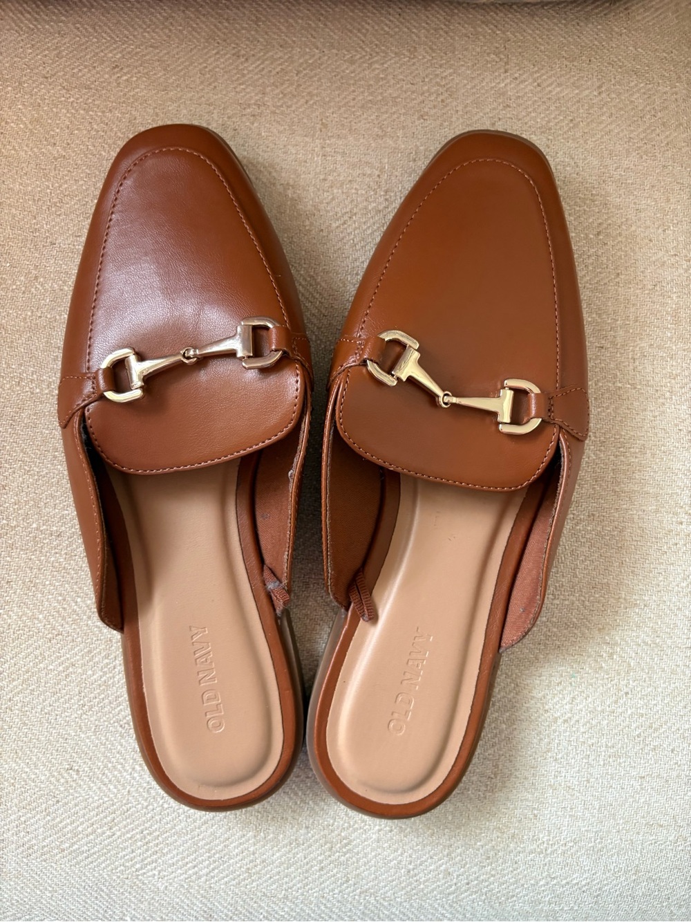 BRAND NEW Old Navy Mules Women's Tan Slip-On Loafer Mules with Gold Bit Detail